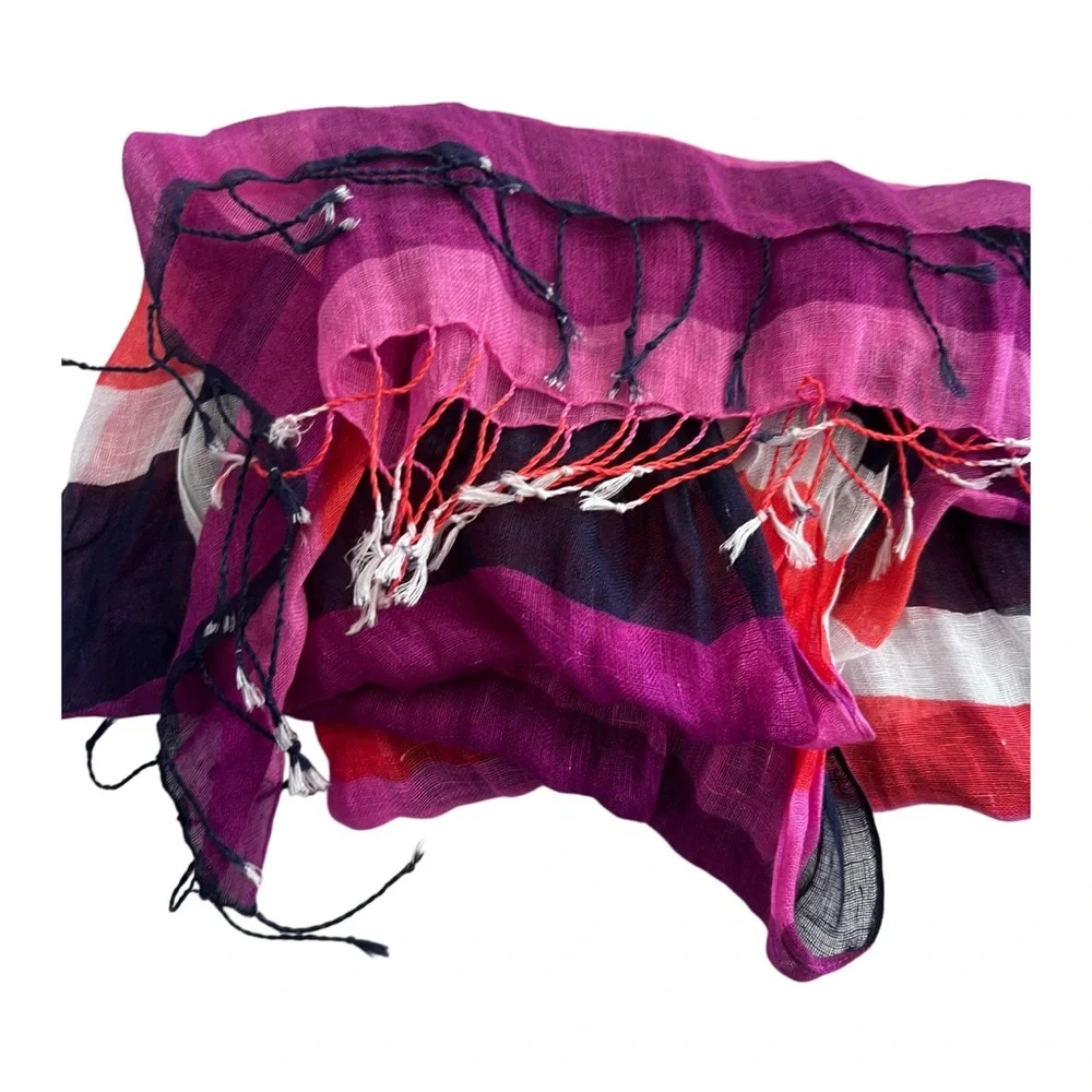 Talbots Lightweight Striped Scarf Pink Purple Navy White Fringe Wrap Shawl
